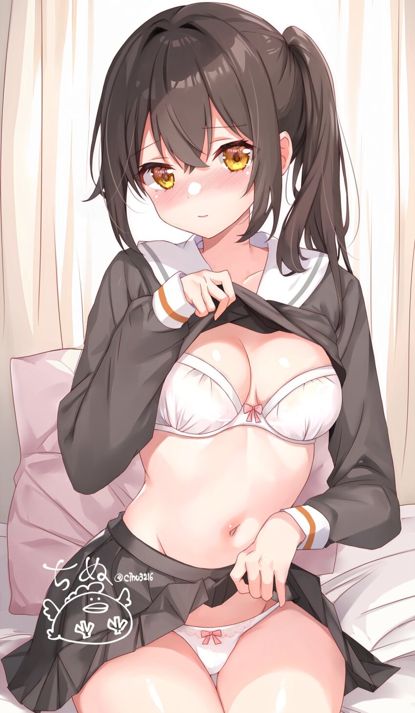 1girl black_shirt black_skirt bra breasts brown_hair cinu cleavage closed_mouth clothes_lift commentary_request embarrassed highres lifting_own_clothes long_hair long_sleeves looking_at_viewer medium_breasts miniskirt navel orange_eyes original panties pleated_skirt ponytail sailor_collar school_uniform serafuku shirt shirt_lift sitting skirt skirt_lift solo stomach underwear white_bra white_panties white_sailor_collar