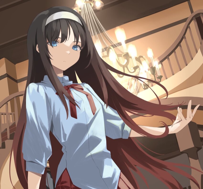 1girl black_hair blue_eyes chandelier chiizu_ore collared_shirt commission cropped expressionless hairband highres indoors long_hair looking_at_viewer shirt skeb_commission skirt solo tohno_akiha tsukihime very_long_hair white_hairband