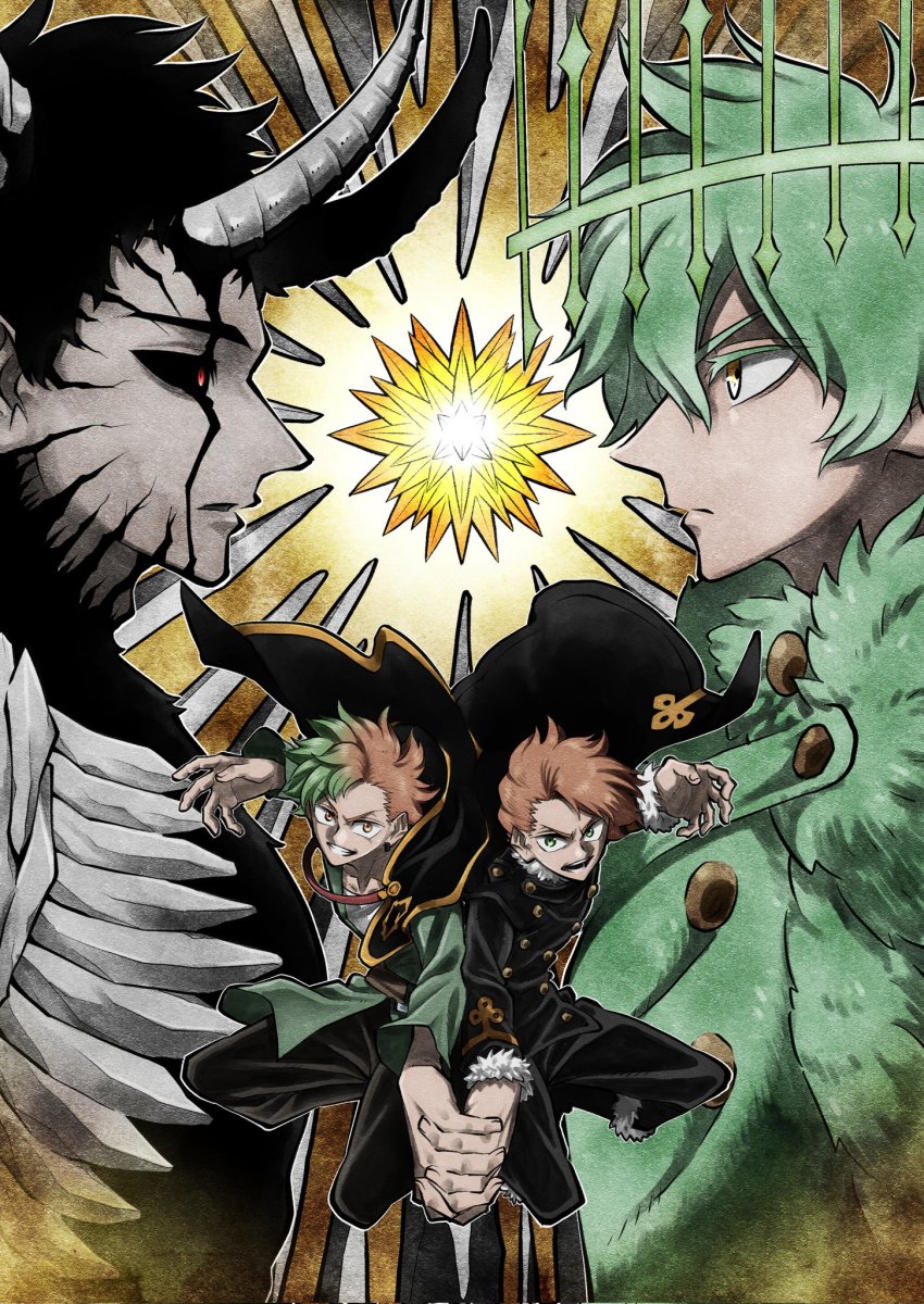 4boys black_capelet black_clover black_hair black_sclera bone_armor capelet colored_sclera demon demon_horns facing_another finral_roulacase green_hair green_halo green_shirt halo highres horns langris_vaude multiple_boys red_eyes shirt star_(symbol) tarou_tanaka_01 yellow_eyes yuno_(black_clover) zenon_zogratis