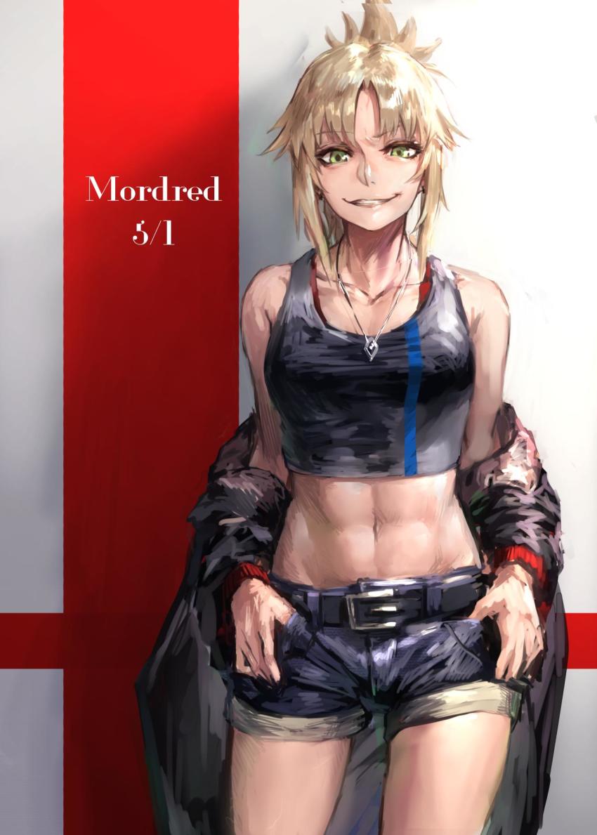 1girl abs bare_shoulders belt blonde_hair character_name collarbone commentary_request cowboy_shot dated denim denim_shorts evil_grin evil_smile fate_(series) female_focus green_eyes grin hands_on_own_hips highres jacket jewelry mordred_(fate) mordred_(fate/apocrypha) navel necklace off_shoulder parted_bangs peperon_(peperou) short_shorts shorts simple_background smile solo stomach tank_top thumbs_in_pockets