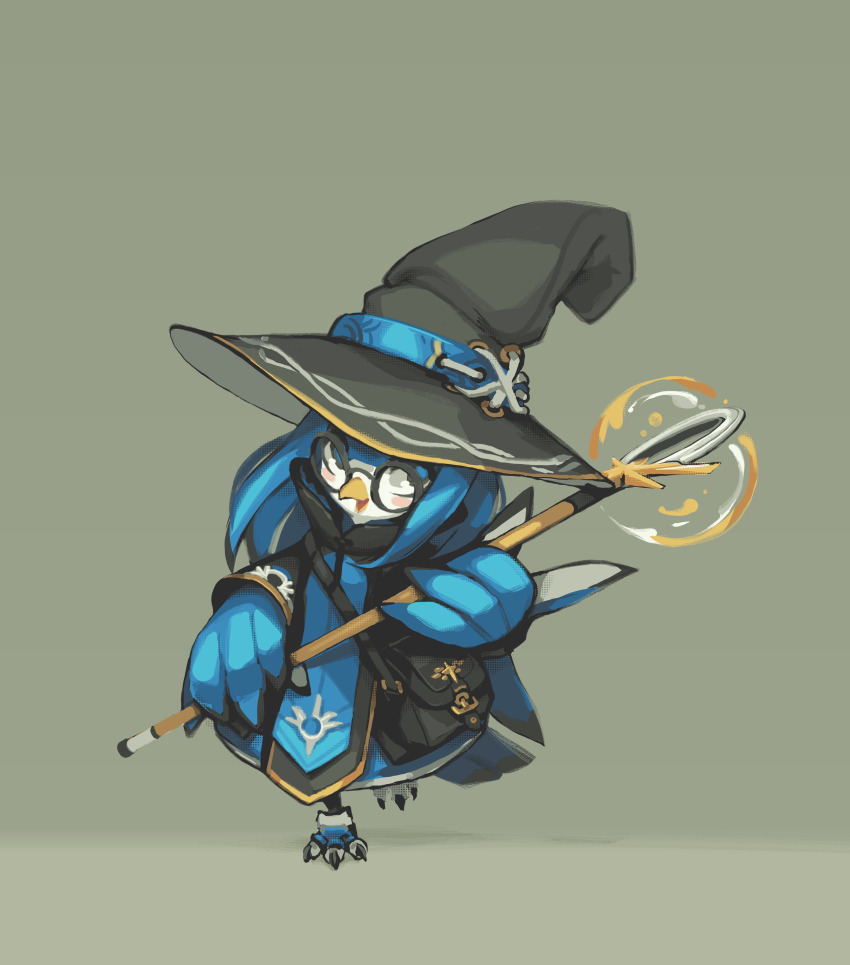 2020 absurdres bag bird bird_girl bird_tail bird_wings blue_fur chinese_commentary cloak commentary english_commentary fantasy feather_hair feathered_wings furry furry_female glasses hat highres krita_(medium) looking_at_viewer looking_up mage_staff magic original penny_the_siren shoulder_bag signature siren_(mythology) spirit_animals_in_disguise standing standing_on_one_leg tabletop_rpg tail tsurime tyson_tan upturned_eyes wings witch witch_hat wizard