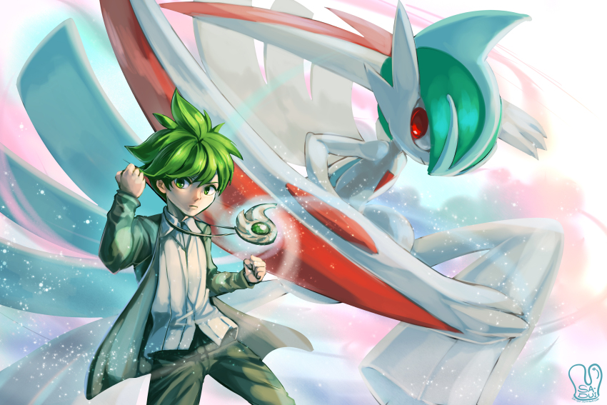clenched_hands closed_mouth collared_shirt commentary english_commentary gallade gen_4_pokemon green_eyes green_hair grey_jacket grey_pants highres jacket long_sleeves male_focus mega_gallade mega_pokemon mega_stone nintendo open_clothes open_jacket pants pokemon pokemon_(creature) pokemon_oras raised_fist red_eyes sa-dui shirt short_hair wally_(pokemon) white_shirt