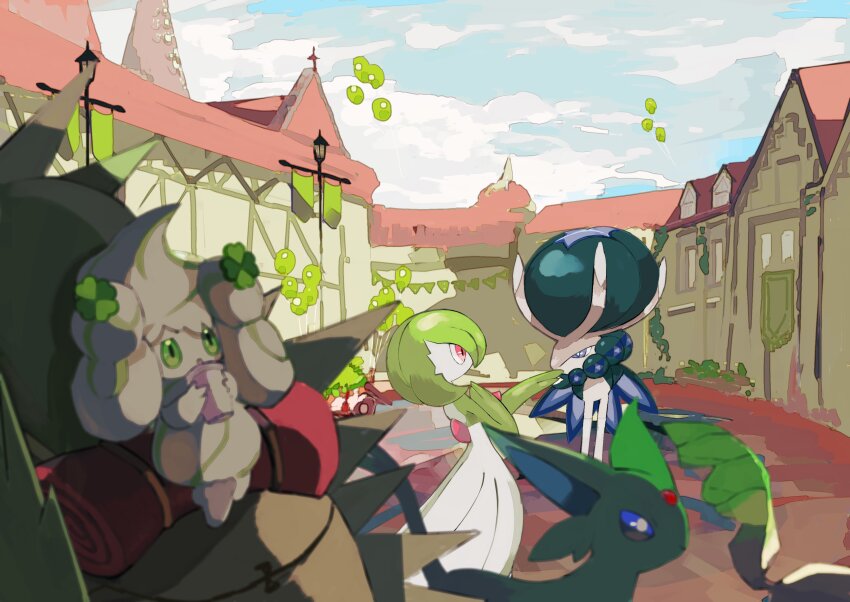 absurdres alcremie alcremie_(clover_sweet) alternate_color balloon bob_cut calyrex cloud cloudy_sky colored_skin dress drink espeon forehead_jewel fukafuka gardevoir gen_2_pokemon gen_3_pokemon gen_4_pokemon gen_8_pokemon green_eyes green_fur green_hair green_skin highres holding holding_drink kiss kissing_hand leafeon legendary_pokemon multicolored_skin nintendo pink_eyes pokemon pokemon_(creature) shiny_pokemon sky town two-tone_skin tyranitar white_dress white_skin