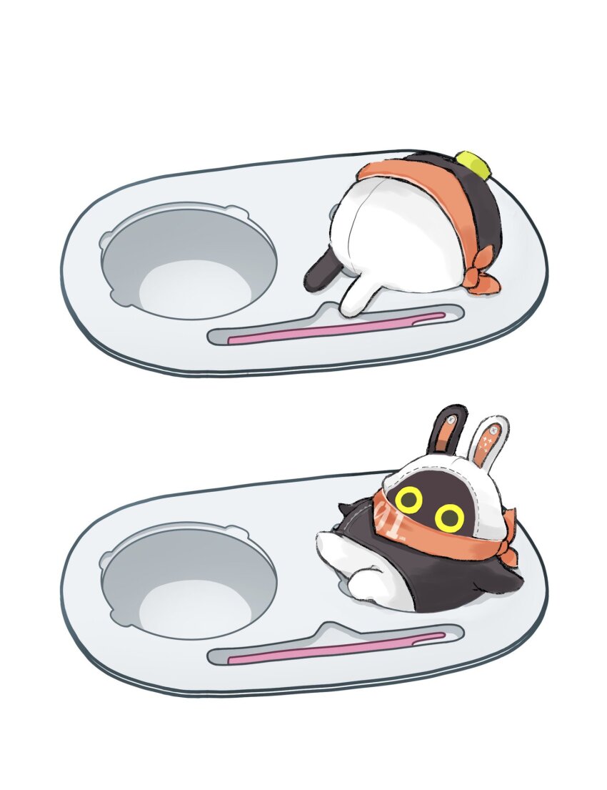 1other az79709363 bangboo_(zenless_zone_zero) commentary_request eous_(zenless_zone_zero) highres looking_at_viewer meal orange_scarf scarf simple_background translation_request white_background zenless_zone_zero
