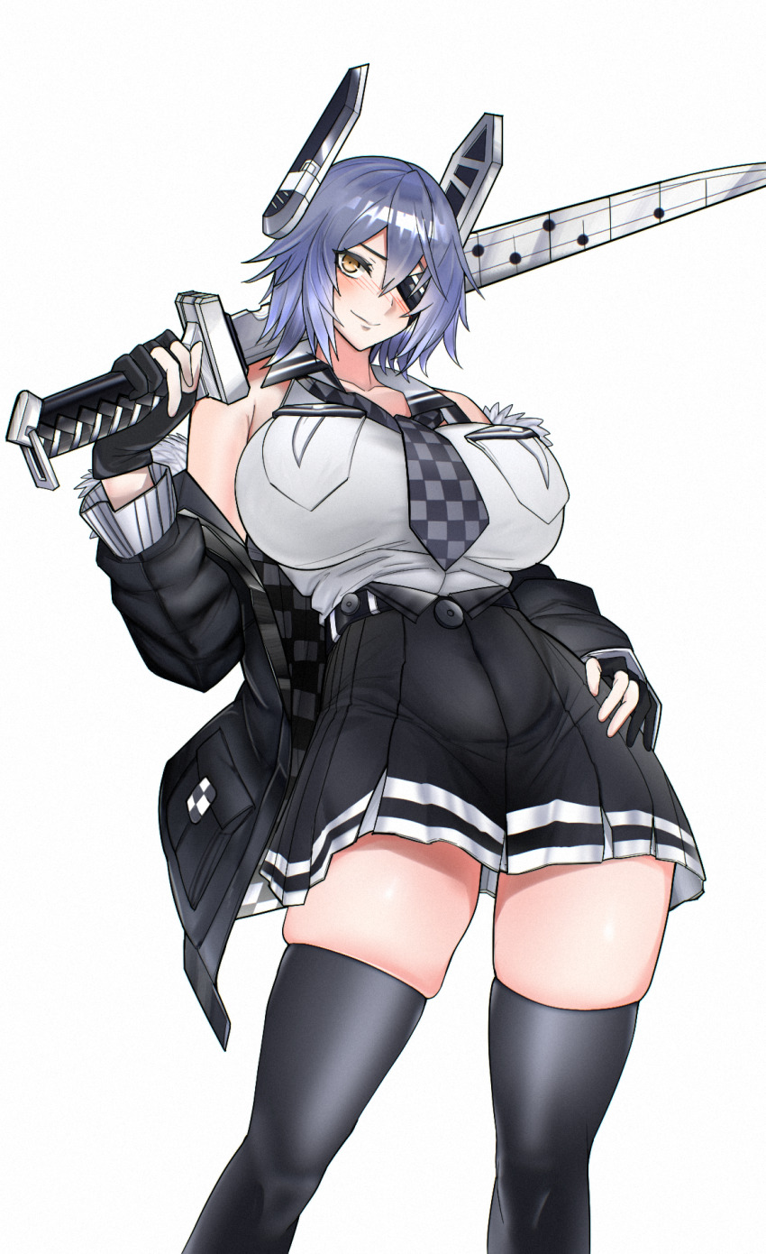 1girl black_gloves black_jacket blush breast_pocket breasts checkered_clothes checkered_necktie eyepatch gloves hair_between_eyes headgear high-waist_skirt highres huge_breasts jacket kantai_collection looking_at_viewer necktie partially_fingerless_gloves pocket purple_hair shirt skindentation skirt sleeveless sleeveless_shirt solo standing swavigg tenryuu_(kancolle) tenryuu_kai_ni_(kancolle) white_shirt yellow_eyes