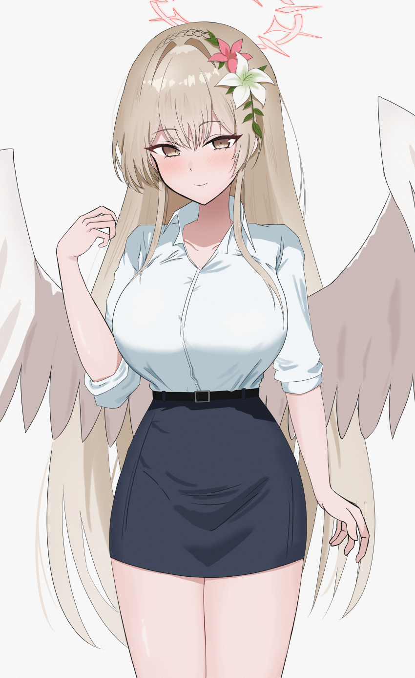 1girl absurdres alternate_costume angel_wings black_skirt blue_archive collared_shirt feathered_wings flower hair_flower hair_ornament halo highres low_wings montsuko nagisa_(blue_archive) pink_halo shirt skirt solo white_wings wings