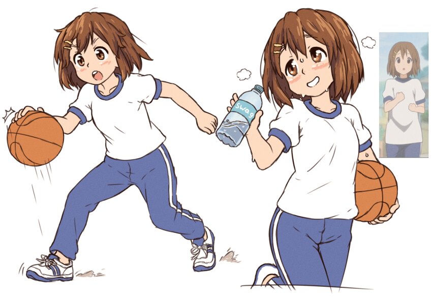 1girl ball basketball_(object) beachepisode blush bottle brown_eyes brown_hair dribbling_(basketball) hair_ornament hairclip highres hirasawa_yui holding holding_ball holding_bottle k-on! open_mouth pants parted_lips reference_inset shirt shoes short_hair sneakers solo sweat teeth track_pants upper_teeth_only water_bottle white_shirt white_shoes