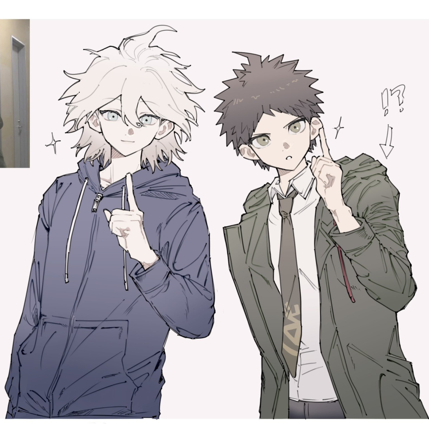 !? 2boys ahoge black_hoodie brown_hair danganronpa_(series) danganronpa_2:_goodbye_despair green_eyes green_jacket green_necktie grey_eyes grey_hair hair_between_eyes hand_up highres hinata_hajime hood hood_down hoodie index_finger_raised jacket komaeda_nagito male_focus multiple_boys necktie open_clothes open_jacket seailand short_hair smile spiked_hair teeth
