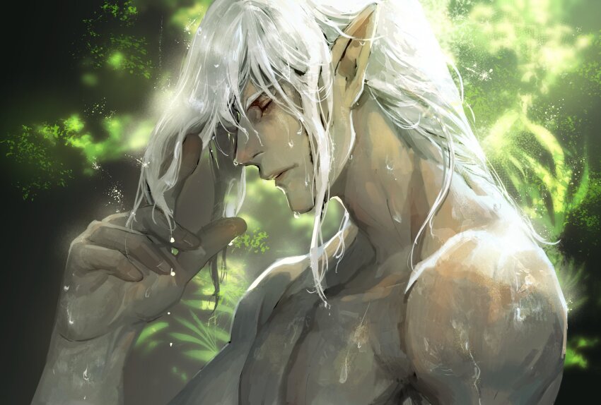 1boy arm_up closed_eyes closed_mouth commentary_request elezen elf estinien_varlineau final_fantasy final_fantasy_xiv hair_behind_ear highres kin_mokusei long_hair male_focus nude plant pointy_ears profile solo wet wet_hair white_hair