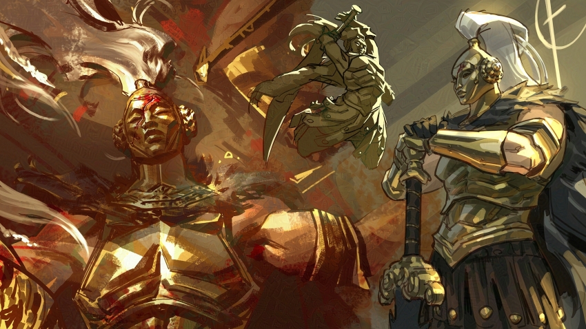 1girl armor armored_skirt arms_up black_cape black_gloves blood bracer breastplate cape covered_face elden_ring elden_ring:_shadow_of_the_erdtree gloves golden_cross_(elden_ring) greatsword helmet highres holding holding_sword holding_weapon jeremy_anninos jumping mask plume redmane_freyja sleeveless spoilers sword weapon
