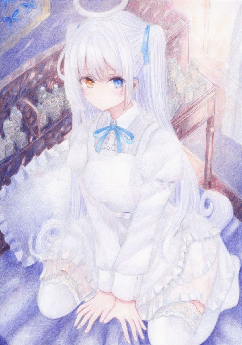 1girl apron blush closed_mouth colored_pencil_(medium) darkkanan deaf disability dress earphones eyes_visible_through_hair female_focus hair_between_eyes hair_ribbon halo hearing_aid heterochromia highres indoors kneeling long_hair looking_at_viewer original painting_(medium) pinafore_dress ribbon seiza sidelocks sitting sleeveless sleeveless_dress solo thighhighs traditional_media twintails watercolor_(medium) white_dress white_hair