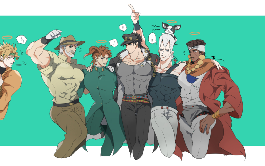 ! 6+boys beard black_coat black_hair black_hat blonde_hair brown_eyes brown_hair chain coat commentary_request covered_abs dark-skinned_male dark_skin dio_brando dog earrings erk_(okra_ecory) facial_hair facial_mark flattop frown gakuran green_eyes green_headband grey_hair grey_shirt halo hat headband iggy_(jojo) jacket jean_pierre_polnareff jewelry jojo_no_kimyou_na_bouken joseph_joestar joseph_joestar_(old) kakyoin_noriaki kuujou_joutarou large_pectorals male_focus mohammed_avdol multiple_boys muscular muscular_male old old_man pectorals red_coat scar scar_across_eye scar_on_face school_uniform shirt speech_bubble spoken_exclamation_mark standing standing_on_one_leg stardust_crusaders sweatdrop thought_bubble traditional_halo turtleneck white_headband yellow_jacket