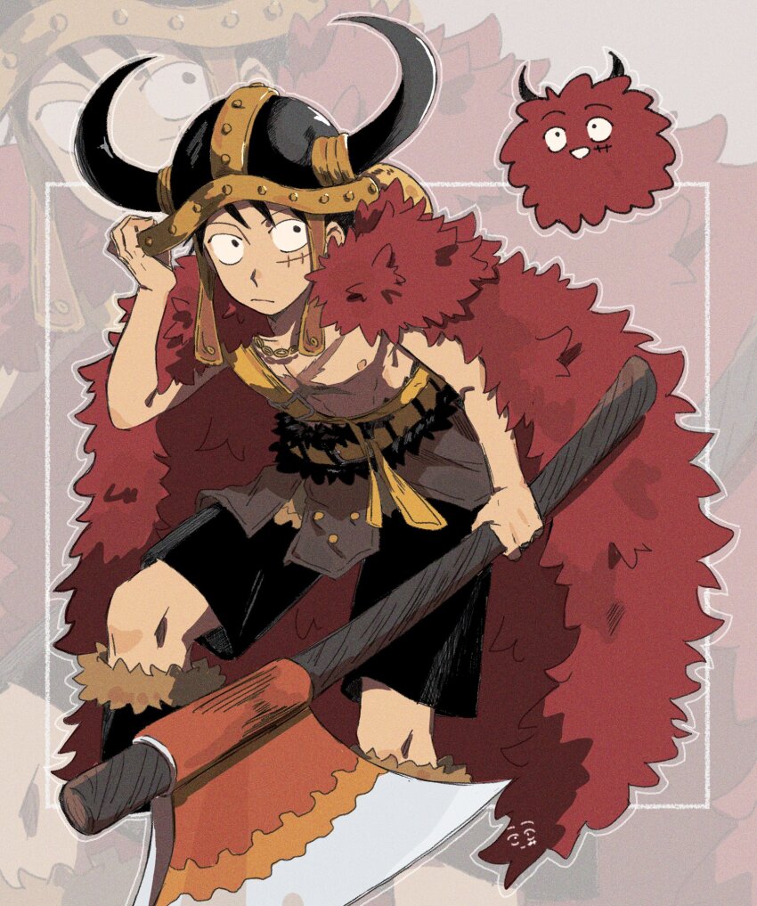 1boy axe belt black_hair black_shorts boots cape closed_mouth commentary cross_scar dekaidaikon facial_scar fake_horns fur-trimmed_boots fur_cape fur_trim hand_on_headwear helmet highres holding holding_axe horned_helmet horns male_focus monkey_d._luffy official_alternate_costume one_piece pectorals red_cape scar scar_on_cheek scar_on_chest scar_on_face short_hair shorts solo symbol-only_commentary