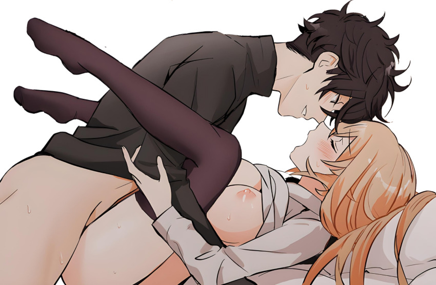 1boy 1girl ass bar_censor black_hair black_pants black_shirt blonde_hair blush boots bottomless breasts brother_and_sister brown_footwear censored closed_eyes commentary_request doromame grin happy happy_sex hetero highres holding hood hood_down hoodie incest large_breasts legs_up nakiri_asahi nakiri_erina nipples no_shoes open_mouth pants pussy sex shirt shokugeki_no_souma siblings smile thighhighs third-party_edit third-party_extraction tongue