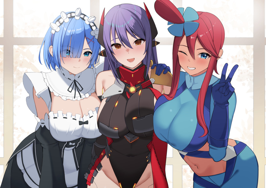 3girls ;d absurdres android armored_leotard bent_over black_leotard blue_eyes blue_gloves blue_hair blue_jacket blue_shorts commission commissioner_upload core_crystal_(xenoblade) covered_navel crop_top cropped_jacket crossover detached_sleeves gloves hair_ornament hair_over_one_eye hair_ribbon hand_on_another&#039;s_shoulder highres jacket leotard looking_at_viewer maid maid_headdress midriff multiple_crossover multiple_girls nintendo one_eye_closed open_mouth pokemon pokemon_bw poppi_(xenoblade) poppi_qtpi_(xenoblade) purple_hair re:zero_kara_hajimeru_isekai_seikatsu red_hair red_scarf rem_(re:zero) ribbon robot_ears roswaal_mansion_maid_uniform scarf short_hair short_hair_with_long_locks short_shorts shorts skeb_commission skyla_(pokemon) smile v wabimochi x_hair_ornament xenoblade_chronicles_(series) xenoblade_chronicles_2