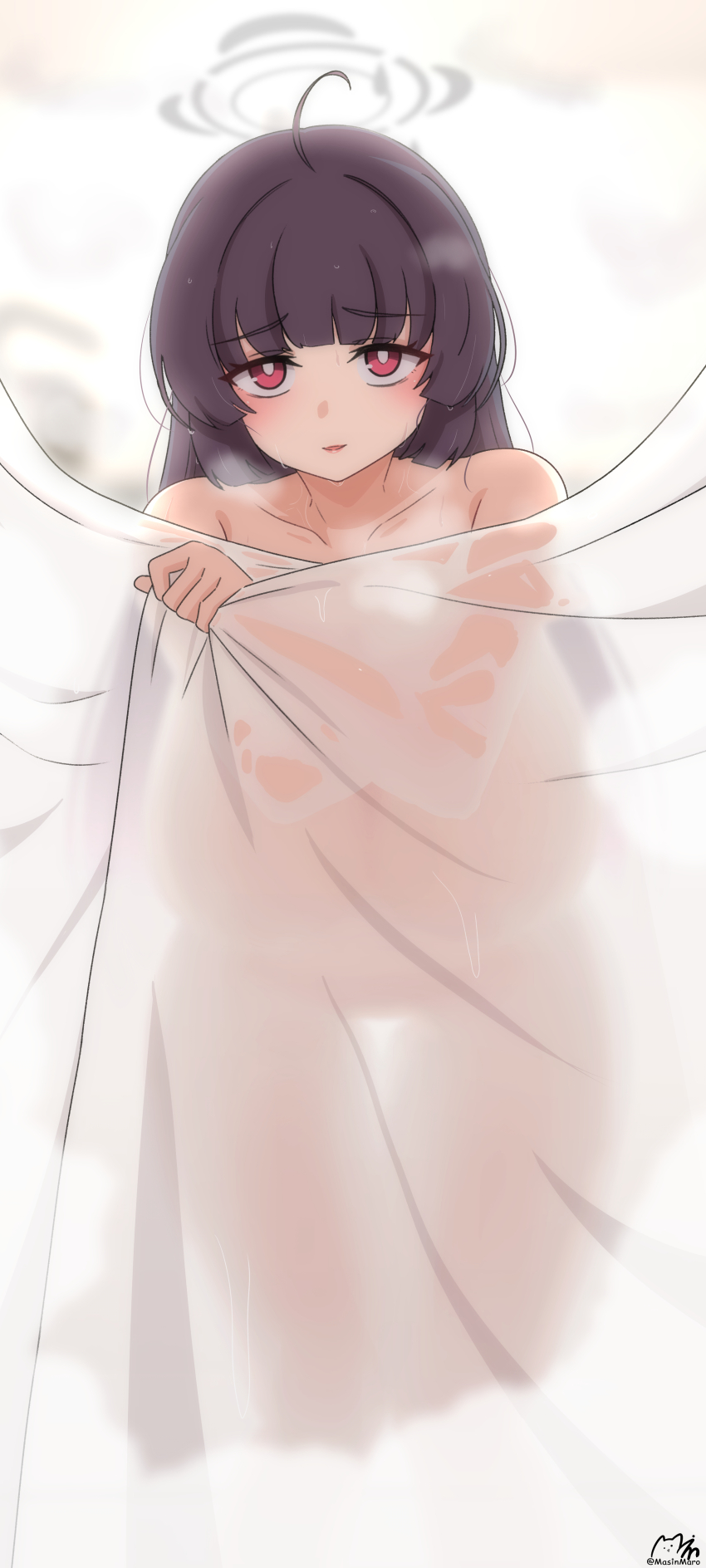 1girl absurdres ahoge alternate_breast_size black_hair blue_archive blush breasts breath collarbone commentary completely_nude halo highres large_breasts looking_at_viewer majinmallow miyu_(blue_archive) nude red_eyes see-through_silhouette signature solo wet wet_hair