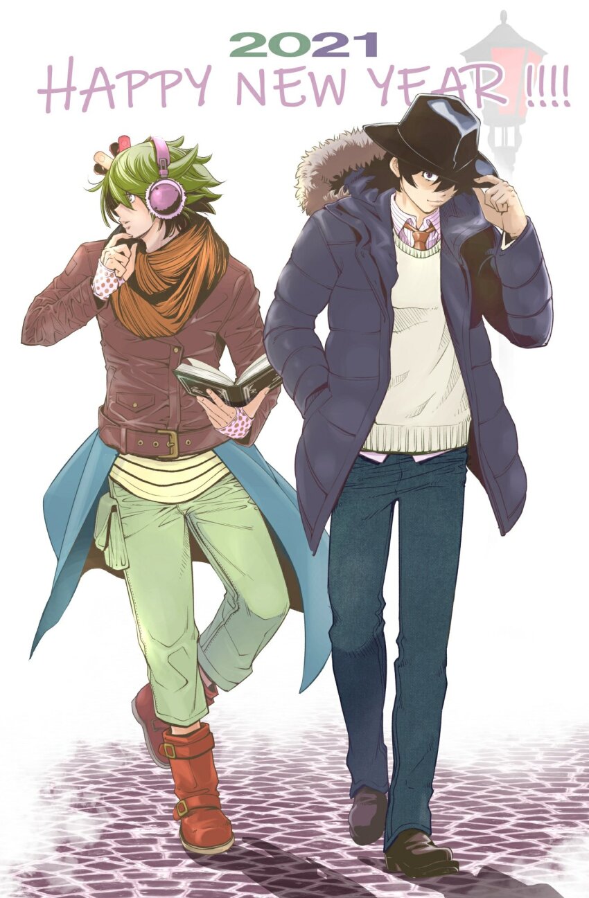 2021 2boys belt black_eyes black_hair blue_jacket blue_pants book closed_mouth detective earmuffs fingerless_gloves fur_trim fuuto_(city) fuuto_tantei gloves green_hair hair_between_eyes hair_over_one_eye happy_new_year hidari_shoutarou highres holding hood hood_down jacket kamen_rider kamen_rider_w male_focus multiple_boys necktie new_year pants philip_(kamen_rider) red_footwear red_necktie sato_masaki_(masayakofu) sweater winter winter_clothes