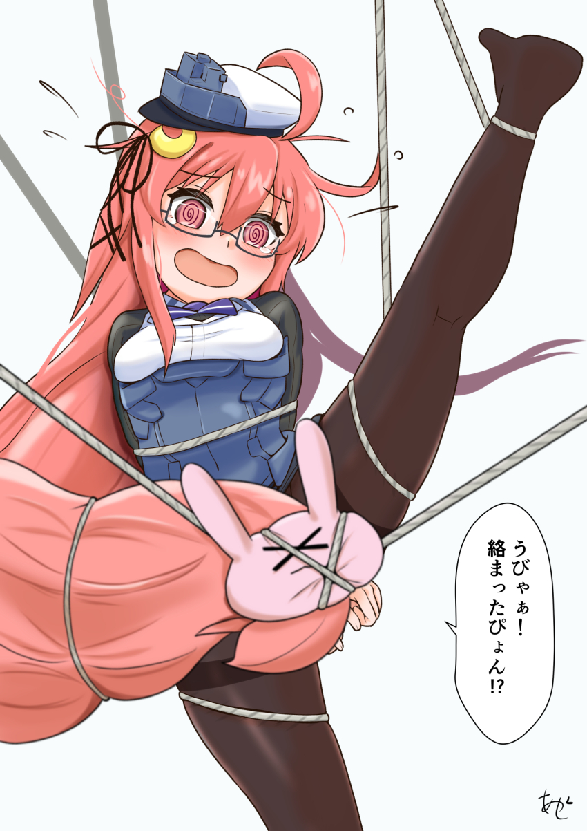 1girl @_@ akashieru black_pantyhose blue_jacket bound commentary_request convenient_censoring cosplay crescent crescent_hair_ornament hair_ornament hat headgear highres jacket kantai_collection long_hair low-tied_long_hair military_uniform northampton_(kancolle) northampton_(kancolle)_(cosplay) northampton_kai_(kancolle) northampton_kai_(kancolle)_(cosplay) one-hour_drawing_challenge orange_eyes orange_hair pantyhose rabbit_hair_ornament robe solo tied_up_(nonsexual) translation_request uzuki_(kancolle) white_hat