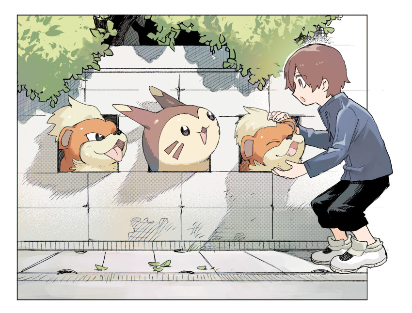 1boy :d black_pants blue_jacket border brown_eyes brown_hair day drawstring furret gen_1_pokemon gen_2_pokemon grey_eyes growlithe highres jacket newo_(shinra-p) nintendo open_mouth outdoors outside_border pants pokemon pokemon_(creature) profile shoes smile tongue tongue_out tree white_border white_footwear