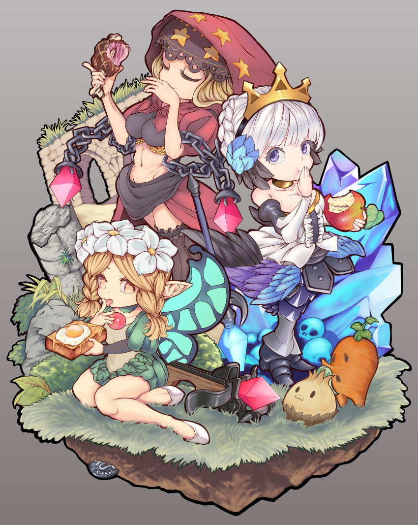 3girls absurdres apple armor armored_dress blonde_hair braid bread bread_slice breasts chain cleavage closed_eyes creature dress eating fairy fairy_wings flat_chest flower food fried_egg fried_egg_on_toast fruit full_body gwendolyn_(odin_sphere) hair_flower hair_ornament highres looking_at_viewer meat medium_breasts mercedes_(odin_sphere) multiple_girls navel odin_sphere philipm135 pointy_ears purple_eyes skull strapless strapless_dress toast twin_braids valkyrie velvet_(odin_sphere) white_hair wings