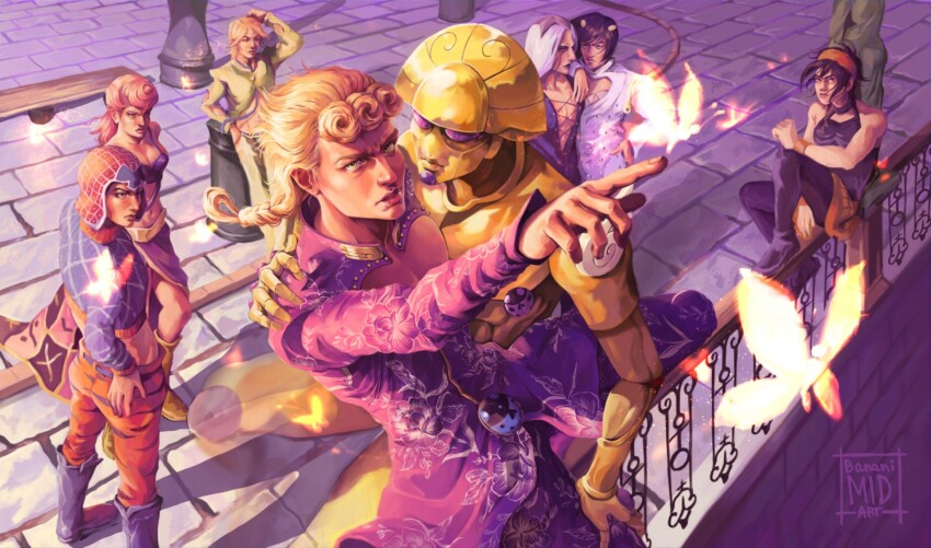1girl 6+boys animal_print argyle_clothes argyle_sweater bananimid black_hair blonde_hair braid breasts bruno_bucciarati bug butterfly cleavage fingernails floating_hair giorno_giovanna gold_experience guido_mista hair_rings hairband hat highres insect jojo_no_kimyou_na_bouken ladybug_ornament leone_abbacchio long_hair male_focus multiple_boys narancia_ghirga pannacotta_fugo pointing pompadour realistic short_hair sitting skirt stand_(jojo) standing sweater tiger_print trish_una vento_aureo victory_rolls