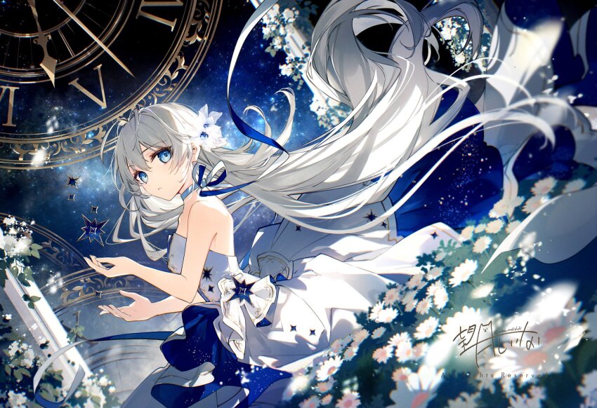 1girl bare_arms bare_shoulders blue_eyes blue_ribbon blurry blurry_foreground breasts choker commentary_request depth_of_field dress flower from_side hair_between_eyes hands_up highres long_hair looking_at_viewer looking_to_the_side mochizuki_shiina original ribbon ribbon_choker roman_numeral signature small_breasts solo strapless strapless_dress twitter_username very_long_hair white_dress white_flower white_hair