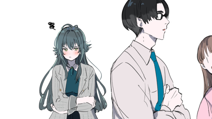 1boy 2girls black-framed_eyewear black_hair brown_hair coat commentary_request crossed_arms dress_shirt gakuen_idolmaster glasses green_hair green_shirt grey_coat hair_flaps idolmaster jealous kasasagi_(futagodori888) long_hair looking_at_another multiple_girls producer_(idolmaster) shirt simple_background squiggle tsukimura_temari upper_body v-shaped_eyebrows very_long_hair white_background white_shirt |_|