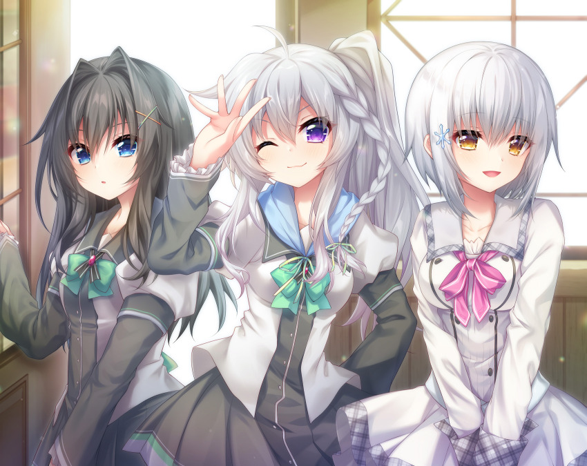 3girls 9-nine- :d ;3 ahoge alternate_costume amatsuji belt black_dress black_hair blue_eyes blush bow bowtie braid breasts buttons closed_mouth cowboy_shot double-breasted dress eyelashes eyes_visible_through_hair frilled_sleeves frills glint green_bow green_bowtie green_ribbon grey_belt grey_hair hair_between_eyes hair_intakes hair_ornament hair_ribbon hand_on_own_hip hand_up happy highres indoors juliet_sleeves long_hair long_sleeves looking_at_viewer medium_breasts medium_hair multiple_girls niimi_sora non-web_source one_eye_closed open_door open_mouth original outstretched_hand pink_bow pink_bowtie pleated_dress puffy_sleeves purple_eyes ribbon school_uniform side_ponytail sidelocks single_braid smile snowflake_hair_ornament v-shaped_eyebrows v_arms waving white_dress wide_sleeves x_hair_ornament yellow_eyes