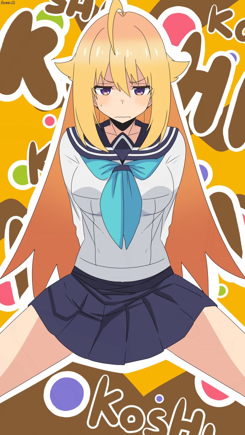 1girl ahoge aqua_neckerchief arms_behind_back artist_name bambi2000line blonde_hair blue_sailor_collar blue_skirt blush breasts brown_background character_name commentary_request embarrassed hair_flaps highres koshi_torako large_breasts long_hair long_sleeves multicolored_eyes neckerchief pleated_skirt sailor_collar school_uniform serafuku shikanoko_nokonoko_koshitantan shirt sidelocks signature skirt solo spread_legs straight-on sweatdrop text_background two-tone_background v-shaped_eyebrows very_long_hair white_shirt yellow_background