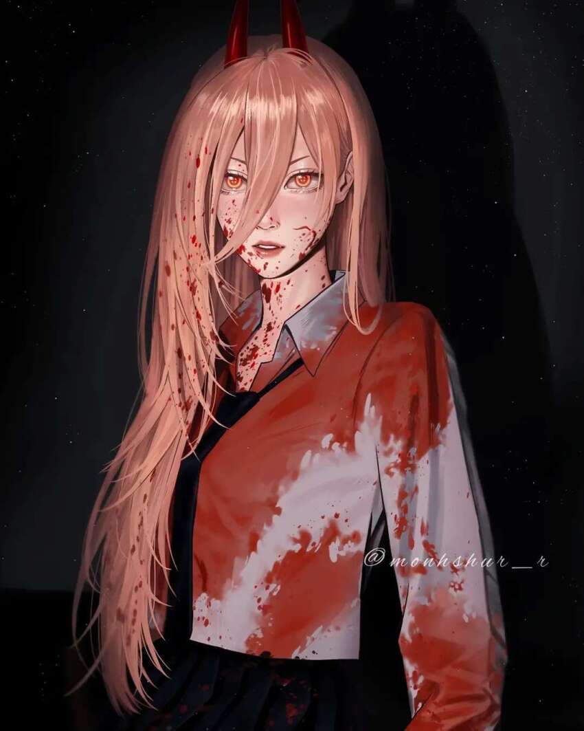 1girl black_necktie blood blood_in_hair blood_on_clothes blood_on_face blood_on_neck brown_hair chainsaw_man commentary cross-shaped_pupils hair_between_eyes highres horns instagram_username long_hair monhshur_r necktie orange_eyes parted_lips power_(chainsaw_man) red_horns red_lips shirt solo symbol-shaped_pupils upper_body white_shirt
