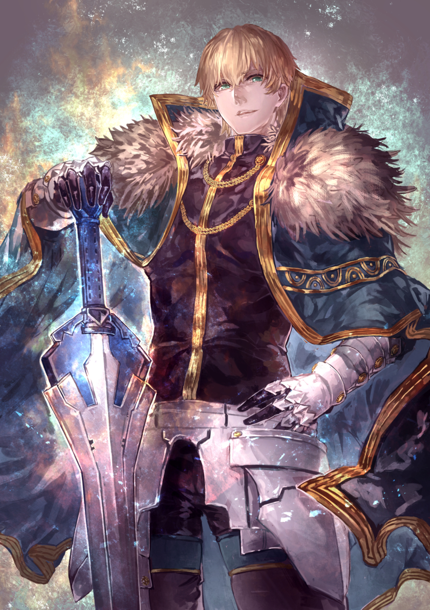 1boy armor black_gloves blonde_hair blue_cape blue_eyes cape collared_cape excalibur_galatine_(fate) fate/extra fate/grand_order fate_(series) fur_collar gauntlets gawain_(fate) gloves hand_on_own_hip highres holding holding_sword holding_weapon knight knights_of_the_round_table_(fate) long_sleeves looking_at_viewer male_focus open_mouth short_hair signo_aaa solo sword weapon