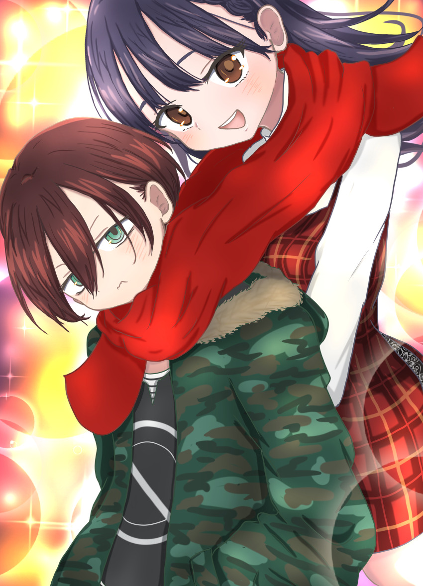 1boy 1girl absurdres black_hair blush boku_no_kokoro_no_yabai_yatsu breasts brown_eyes brown_hair cardigan dress green_cardigan green_eyes hair_between_eyes hand_in_pocket height_difference hetero highres ichikawa_kyoutarou leaning_on_person leaning_to_the_side long_hair long_sleeves looking_at_viewer neckerchief open_clothes open_mouth red_dress red_neckerchief short_hair smile tall_female yamada_anna yuruku_ikiru_ojisan