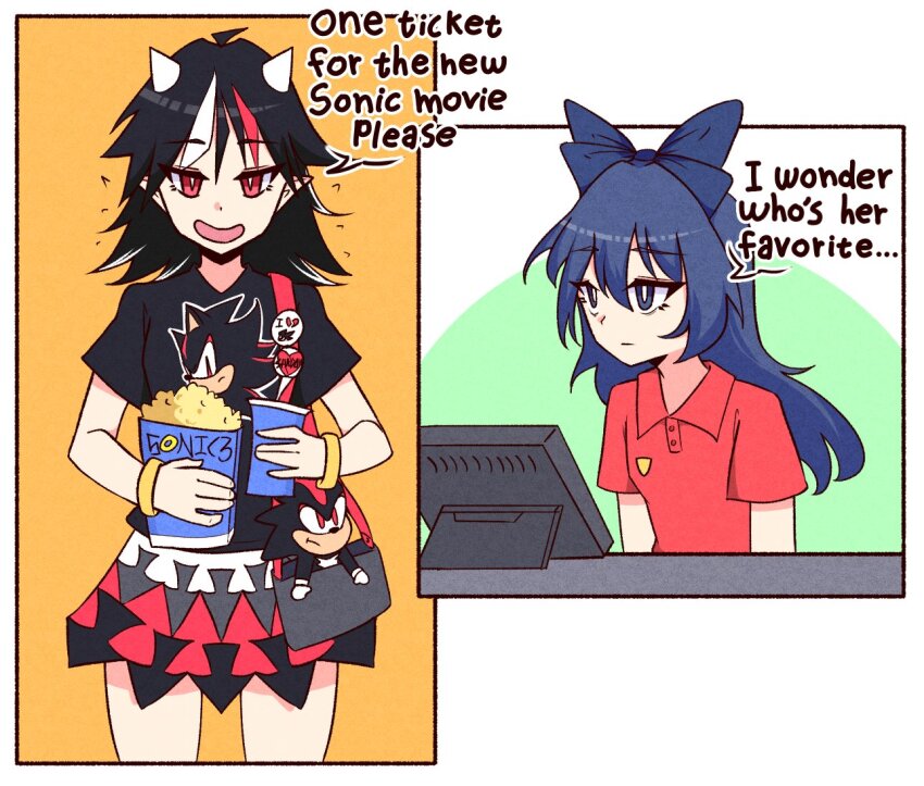 2girls alternate_costume black_hair black_shirt black_skirt blue_bow blue_eyes blue_hair bow character_doll character_print closed_mouth collared_shirt commentary cone_horns english_commentary english_text eosd2002 expressionless food hair_bow holding horns kijin_seija multicolored_hair multicolored_skirt multiple_girls open_mouth pointy_ears popcorn red_eyes red_hair red_shirt red_skirt shadow_the_hedgehog shirt short_sleeves skirt small_horns smile sonic_(live_action) sonic_(series) sonic_the_hedgehog_3_(film) streaked_hair touhou white_hair white_horns white_skirt yorigami_shion