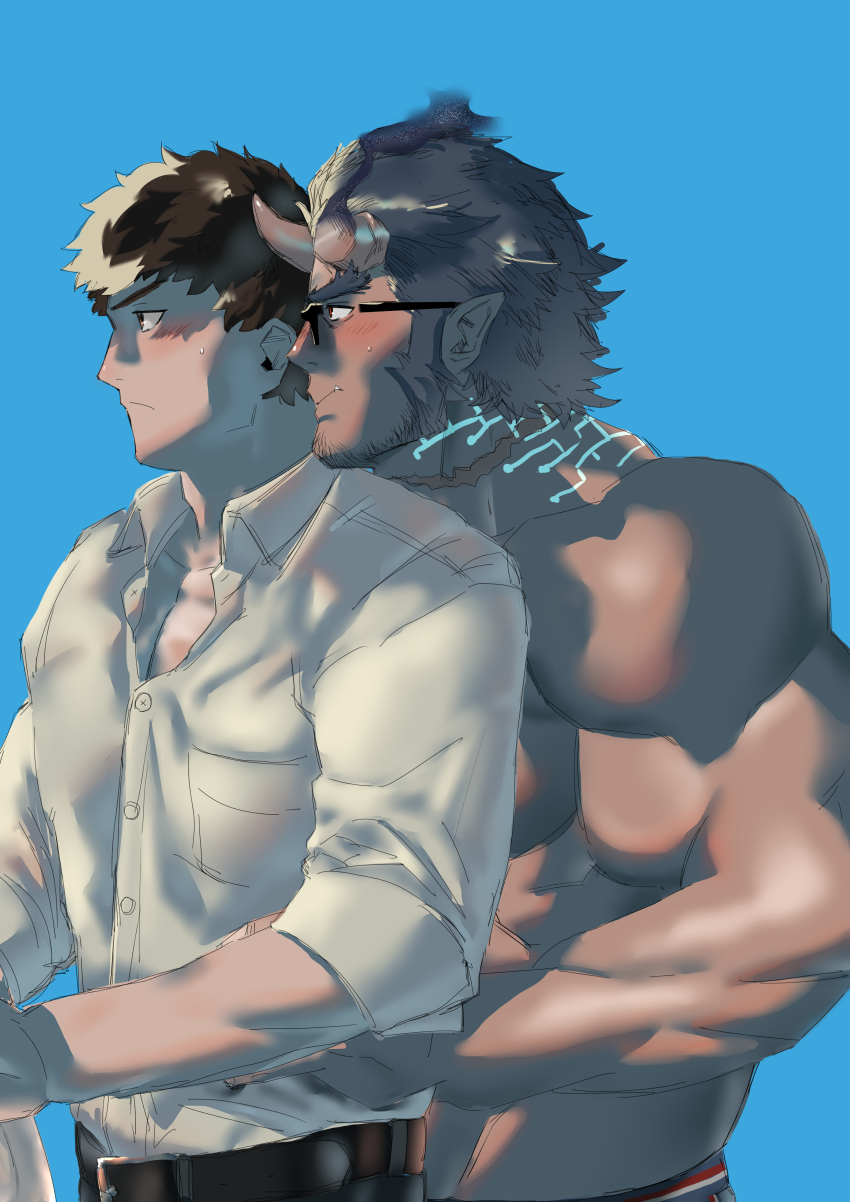 2boys absurdres bara blue_hair blush broken_horn couple dark_blue_hair demon_boy demon_horns facial_hair from_side glasses goatee_stubble head_on_another&#039;s_shoulder highres horns looking_ahead male_focus monmonhomon multiple_boys muscular muscular_male mutton_chops profile protagonist_4_(housamo) short_hair stubble takemaru_(housamo) textless_version thick_eyebrows tokyo_houkago_summoners topless_male upper_body yaoi