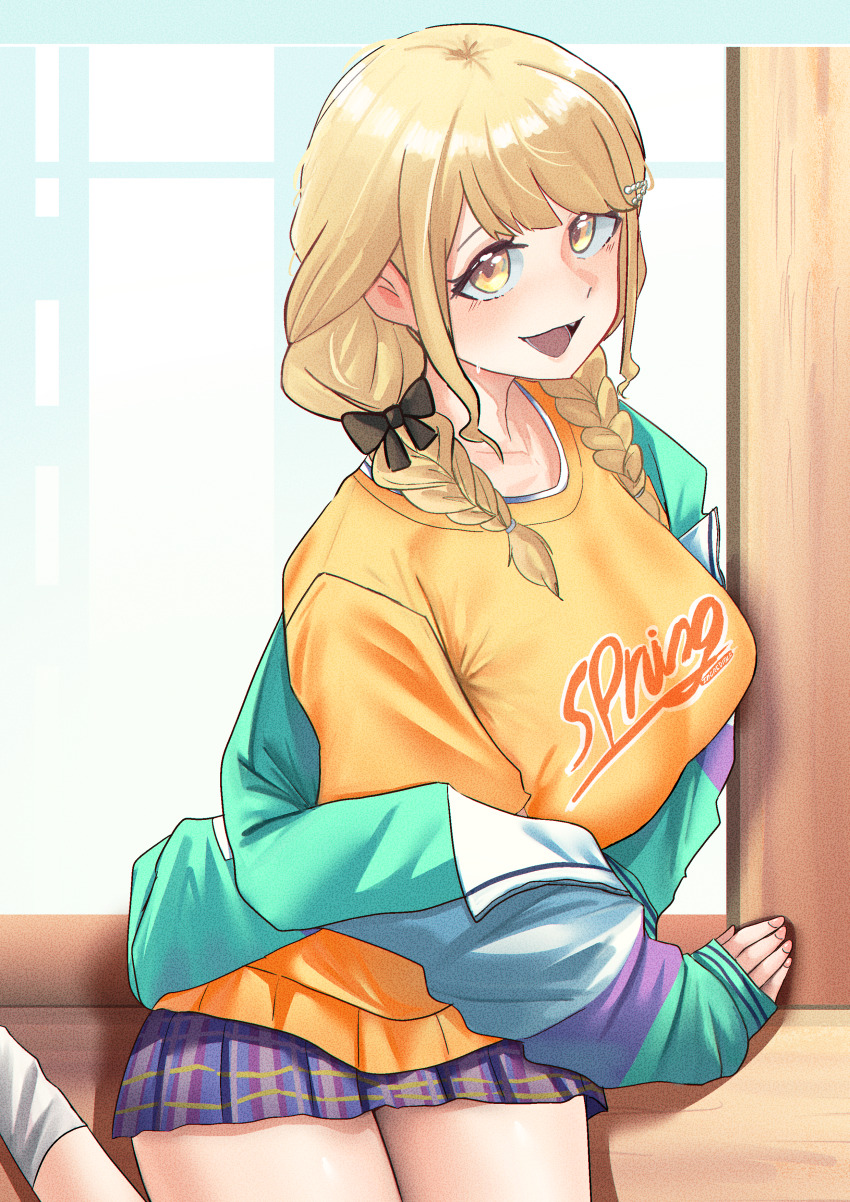 1girl absurdres alternate_breast_size black_bow blonde_hair blue_skirt blush bow braid breasts commentary_request fang fujita_kotone gakuen_idolmaster hair_bow highres idolmaster jacket jacket_partially_removed large_breasts long_hair looking_at_viewer miniskirt multicolored_jacket on_floor over_flow99 plaid_clothes plaid_skirt pleated_skirt shirt sitting skirt smile socks solo twin_braids white_socks yellow_eyes yellow_shirt yokozuwari