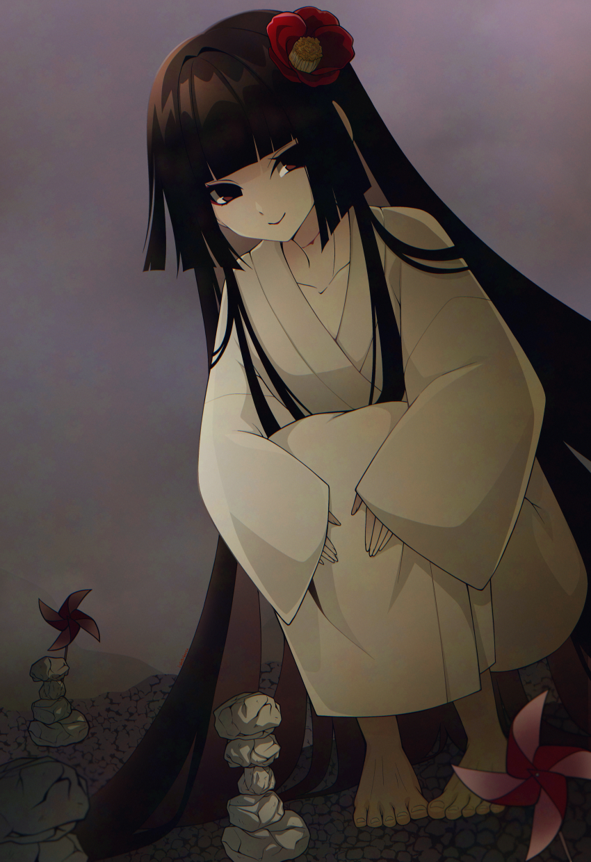 1girl absurdres barefoot black_eyes black_hair blunt_bangs breasts eyeliner fate/grand_order fate_(series) flower hair_flower hair_ornament highres japanese_clothes kimono komahime_(fate) long_hair long_sleeves looking_at_viewer makeup rock small_breasts smile solo squatting very_long_hair wagu_neru white_kimono wide_sleeves