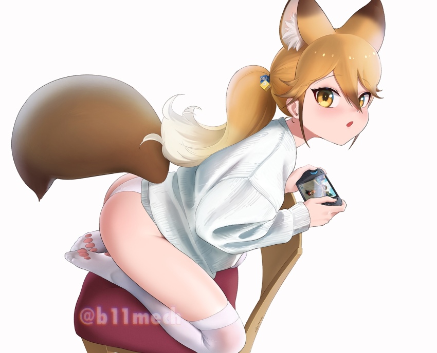 1girl animal_ears ass beleven blonde_hair blush extra_ears ezo_red_fox_(kemono_friends) fox_ears fox_tail hair_between_eyes handheld_game_console highres kemono_friends kneeling long_hair long_sleeves looking_at_viewer on_chair open_mouth panties pantyhose shirt solo tail thighhighs thighs underwear white_shirt
