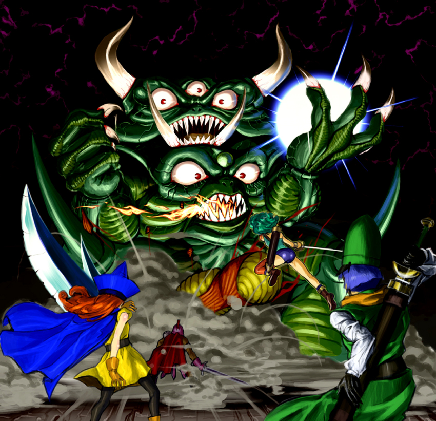 2boys 2girls alena_(dq4) armor asymmetrical_clothes battle breath_weapon breathing_fire cape chunsoft claws clift curly_hair death_pisaro dragon_quest dragon_quest_iv dress energy_ball enix extra_eyes fangs fire gloves green_hair hat helmet heroine_(dq4) hiraemon horns long_hair monster multiple_boys multiple_girls orange_hair pantyhose pisaro ryan_(dq4) short_hair single_thighhigh spikes sword thighhighs weapon