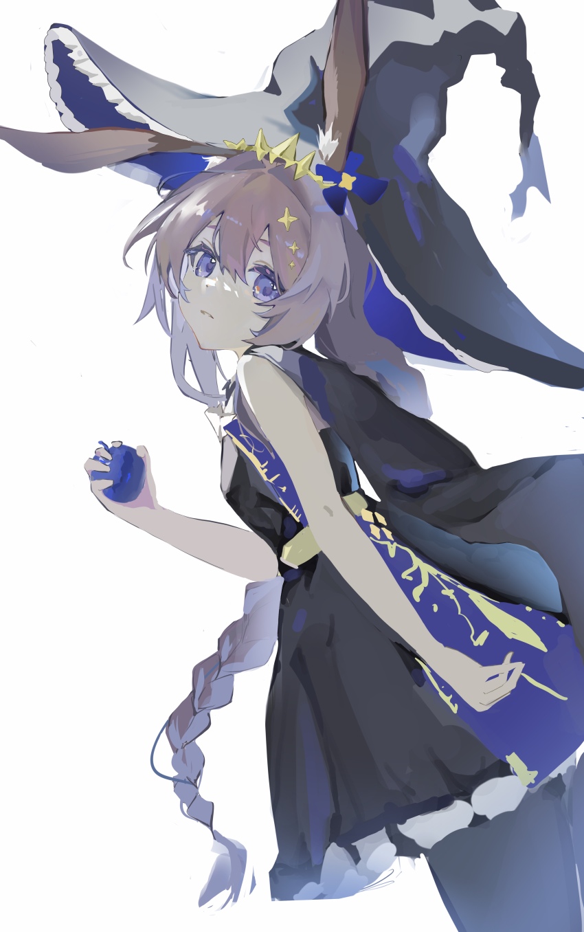 1girl absurdres ambience_synesthesia amiya_(arknights) amiya_(medic)_(arknights) amiya_(medic)_(solo_around_the_world)_(arknights) animal_ears apple arknights bare_shoulders black_cape black_hat black_pantyhose blue_apple blue_hat cape cowboy_shot food fruit hair_between_eyes hat highres holding holding_food holding_fruit looking_at_viewer official_alternate_costume pantyhose parted_lips purple_eyes reach_far_away_(viuooczy) simple_background sketch solo standing two-sided_fabric two-sided_headwear white_background witch_hat