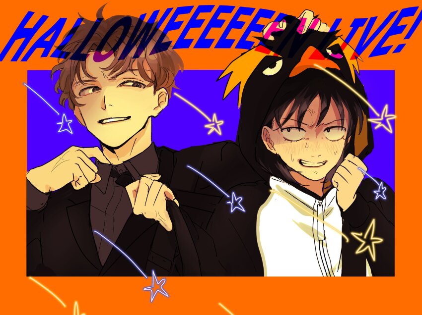 1boy 1girl anger_vein animal_costume animal_hood black_jacket blue_background brown_eyes brown_hair brown_shirt clenched_teeth clothes_grab collar_tug collared_shirt color_contrast commentary_request cosplay dress_shirt futsuu_no_keion-bu grin halloween hand_on_another&#039;s_head hatono_chihiro highres hood hood_grab hood_up jacket kigurumi long_sleeves looking_at_another necktie necktie_grab neckwear_grab official_alternate_costume official_alternate_hairstyle orange_background penguin_costume penguin_hood qrioic74 rivalry shirt smile star_(symbol) suit_jacket takami_kouki teeth two-tone_background upper_body v-shaped_eyebrows zipper_pull_tab