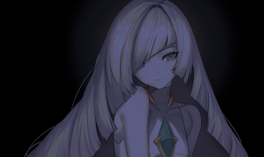 1girl black_background blonde_hair breasts expressionless green_eyes hauauau99 highres looking_at_viewer lusamine_(pokemon) nintendo pokemon pokemon_sm sleeveless small_breasts solo swept_bangs