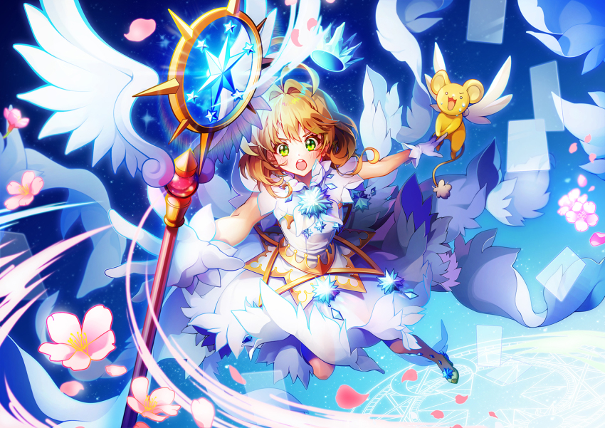 1girl ahoge bike_shorts blue_shorts brown_hair cardcaptor_sakura cardcaptor_sakura_clear_card_arc chepill clear_card dress feathered_wings gloves green_eyes kero_(cardcaptor_sakura) kinomoto_sakura kinomoto_sakura_(clear_wings) long_hair magic_circle open_mouth outstretched_arms petals shorts shorts_under_dress sleeveless sleeveless_dress staff white_dress white_gloves white_wings wings