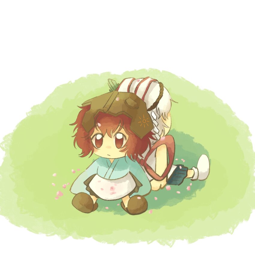 2others androgynous apron baila_kuangzi black_hakama blue_kimono brown_hakama brown_helmet brown_slippers celeritas_lumen chibi chibi_only chinese_commentary closed_mouth commentary_request hakama hakama_short_skirt hakama_skirt helmet highres japanese_clothes katano_sukune kimono len&#039;en long_sleeves multiple_others other_focus red_eyes red_hair short_hair sitting skirt sleeves_past_fingers sleeves_past_wrists slippers socks waist_apron white_apron white_hair white_socks