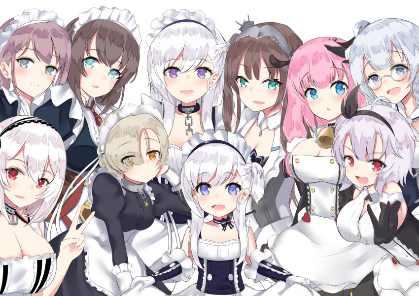 6+girls apron azur_lane little_bel_(azur_lane) belfast_(azur_lane) blush braid breasts cleavage commentary_request curacoa_(azur_lane) curlew_(azur_lane) edinburgh_(azur_lane) french_braid frilled_apron frills kent_(azur_lane) koda_(k-works) large_breasts maid maid_apron maid_headdress multiple_girls newcastle_(azur_lane) round_eyewear sheffield_(azur_lane) silver_hair sirius_(azur_lane) suffolk_(azur_lane) v waist_apron white_apron