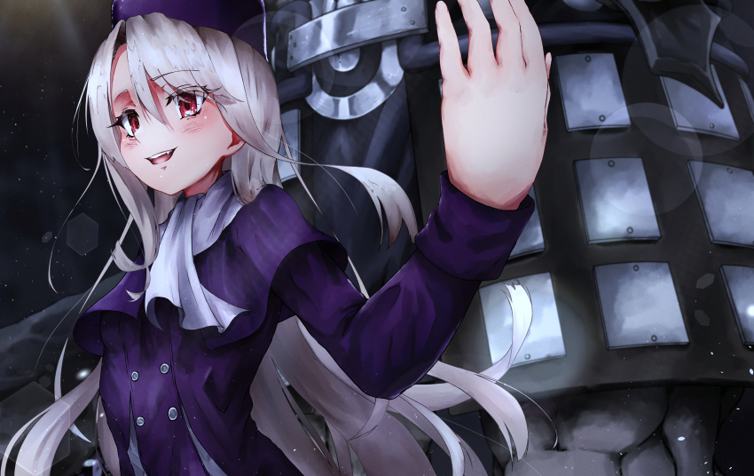 1boy 1girl absurdres coat commentary_request fate/stay_night fate_(series) grey_hair hat heracles_(fate) highres illyasviel_von_einzbern long_hair mt_(mt_203) night outdoors red_eyes smile solo_focus upper_body