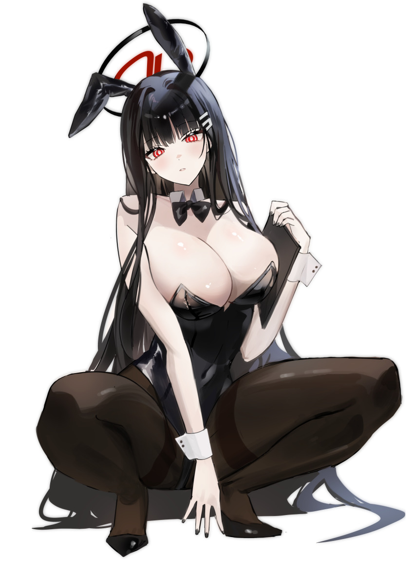 1girl absurdres alternate_costume animal_ears bare_shoulders black_bow black_bowtie black_footwear black_hair black_halo black_leotard black_pantyhose blue_archive blush bow bowtie breasts cleavage closed_mouth commentary_request covered_navel fake_animal_ears hair_ornament halo highleg highleg_leotard highres hime_cut huge_breasts leotard long_hair looking_at_viewer pantyhose pibag playboy_bunny rabbit_ears red_eyes rio_(blue_archive) solo squatting very_long_hair white_background wrist_cuffs