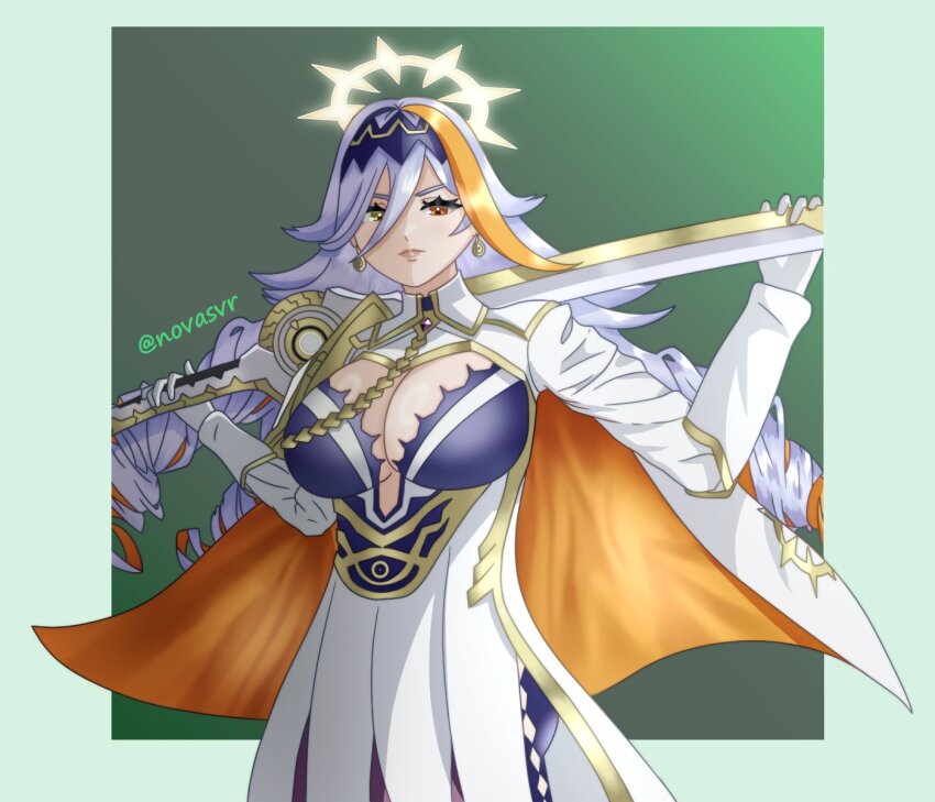 1girl baldr_(fire_emblem_heroes) breasts fire_emblem fire_emblem_heroes gold_cape heterochromia highres holding holding_sword holding_weapon large_breasts nintendo novasvr orange_streaks ringlets single_hair_streak sword two-tone_cape weapon