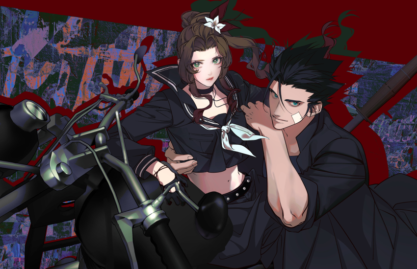 1boy 1girl aerith_gainsborough aerith_gainsborough_(midgard_seventh_high_school) bandaid bandaid_on_cheek bandaid_on_face belt black_choker black_gloves black_hair black_jacket black_sailor_collar black_serafuku black_skirt blue_eyes brown_hair choker closed_mouth cowboy_shot crop_top cropped_shirt delinquent final_fantasy final_fantasy_vii final_fantasy_vii_ever_crisis flower gakuran gloves green_eyes hair_flower hair_ornament hand_on_another&#039;s_waist highres jacket long_hair looking_at_viewer midriff motor_vehicle motorcycle navel neckerchief official_alternate_costume open_clothes open_jacket parted_bangs parted_lips pleated_skirt ponytail s_sohwagi_s sailor_collar school_uniform serafuku skirt spiked_hair sukeban upper_body white_flower white_neckerchief zack_fair zack_fair_(midgard_seventh_high_school)