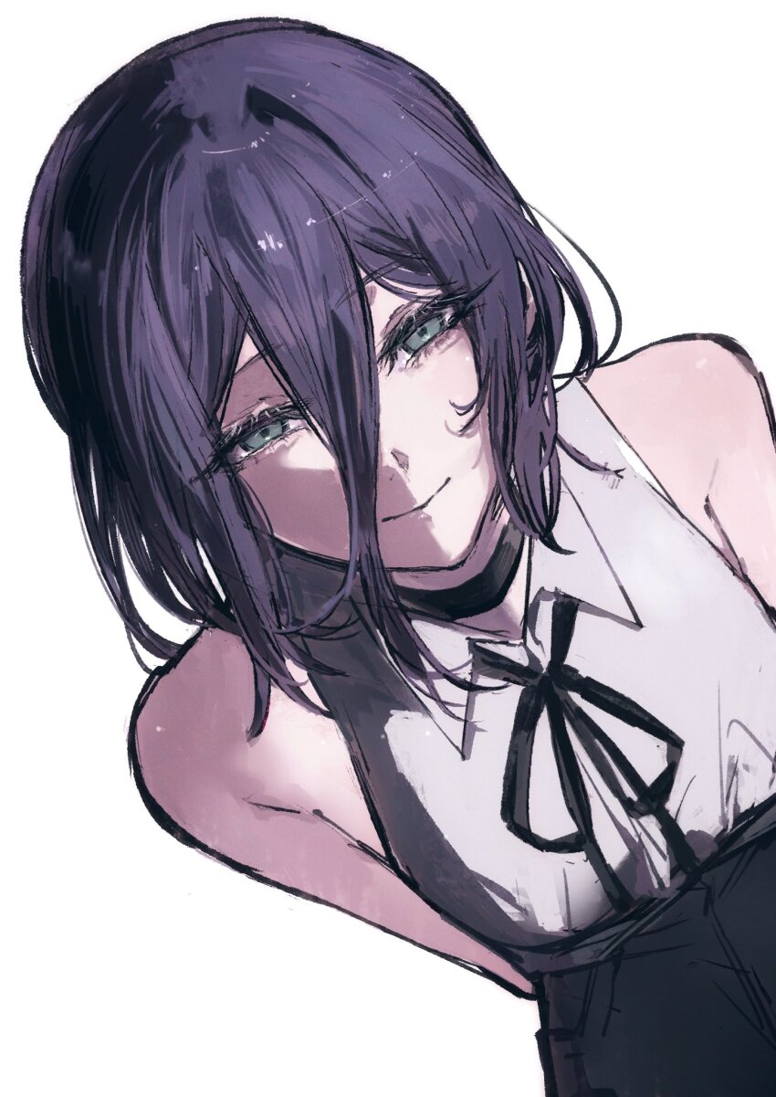 1girl black_choker chainsaw_man choker closed_mouth collared_shirt green_eyes hair_between_eyes highres looking_at_viewer moku_(muooku) neck_ribbon purple_hair reze_(chainsaw_man) ribbon shirt simple_background smile solo white_background white_shirt