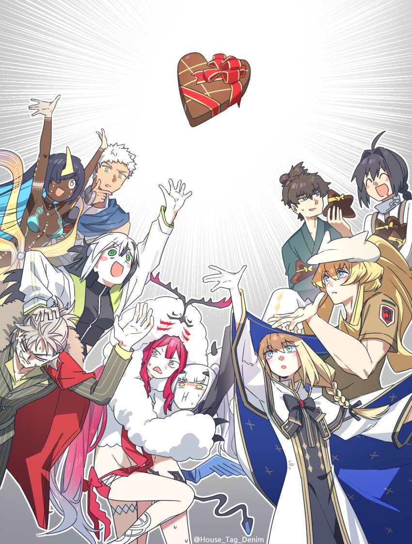 aesc_(fate) aesc_(rain_witch)_(fate) ahoge baobhan_sith_(fate) baobhan_sith_(swimsuit_pretender)_(fate) baobhan_sith_(swimsuit_pretender)_(first_ascension)_(fate) barghest_(fate) barghest_(swimsuit_archer)_(fate) barghest_(swimsuit_archer)_(first_ascension)_(fate) black_hair blonde_hair blue_hair braid brown_hair candy chocolate chocolate_heart dark-skinned_female dark-skinned_male dark_skin emphasis_lines fate/grand_order fate_(series) food formal_clothes gradient_background grey_hair hand_on_own_chin hat heart highres house_tag_denim jacket melusine_(fate) melusine_(swimsuit_ruler)_(fate) melusine_(swimsuit_ruler)_(first_ascension)_(fate) miyamoto_iori_(fate) multicolored_hair nagao_kagetora_(fate) pink_hair ponytail ptolemy_(fate) ptolemy_(first_ascension)_(fate) reaching star-shaped_chocolate striped_suit stroking_own_chin suit takeda_shingen_(fate) twitter_username two-tone_hair uesugi_kenshin_(fate) uesugi_kenshin_(second_ascension)_(fate) wandjina_(fate) wandjina_(third_ascension)_(fate) white_hair witch_hat yamato_takeru_(fate)
